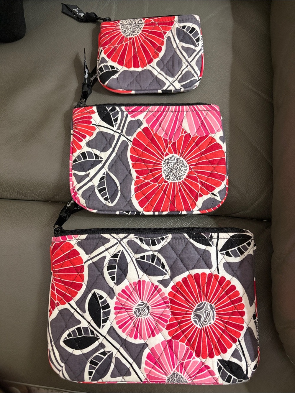 Vera Bradley Floral Quilted Zip Pouch Set in Red, Pink, Gray, Black, White